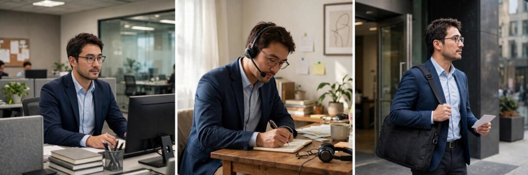 Same professional in three work modes: office, remote home office, and hybrid transition in triptych