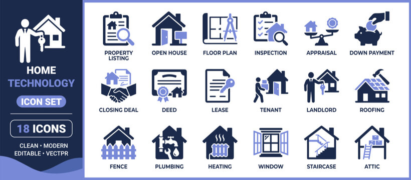 Home technology and property management icon set with smart home, floor plan, inspection, approval, payment, deed, lease, tenant, landlord, roofing, fence and plumbing