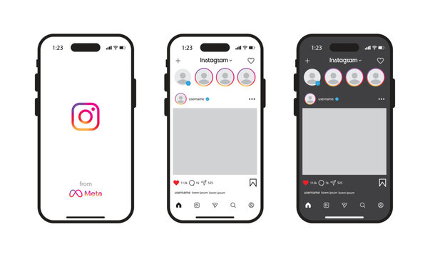 Instagram App Logo and Interface Mockup on Smartphone Screen, Light and Dark Mode, Editorial Use Only