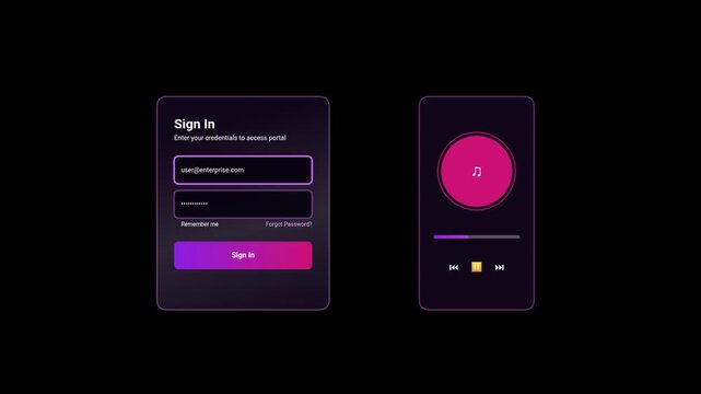 User interface design templates featuring login form and media player video footage