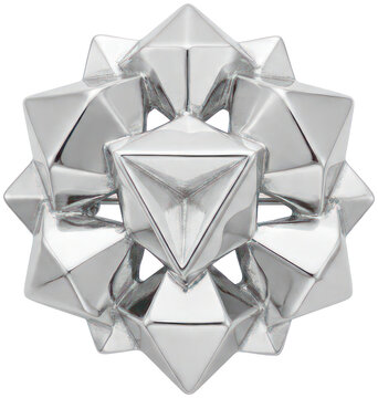 Silver geometric star sculpture on black background.