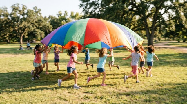 Diverse group of multiethnic children playing with a vibrant multicolored parachute in a sunny park during golden hour