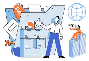 Man organizing documents in a filing cabinet vector illustration. Data management, information storage, business organization, digital archiving, workflow efficiency, corporate administration. Person © Dmytro