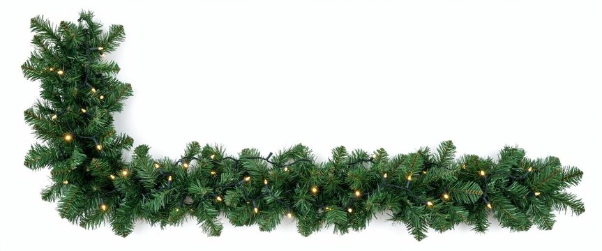 Festive green pine garland with warm white l e d lights arranged in an l-shape against a white background