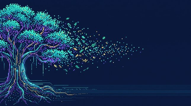 Pixel digital tree with glowing cyan and purple circuit board roots and branches, dissolving into data particles on a dark blue background