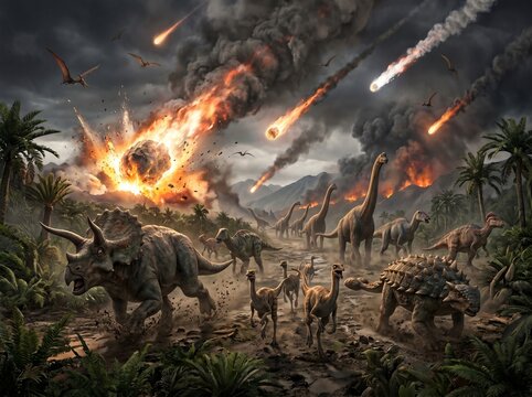 Dinosaurs running during a catastrophic asteroid impact event in a prehistoric volcanic landscape under a dark smoke-filled sky