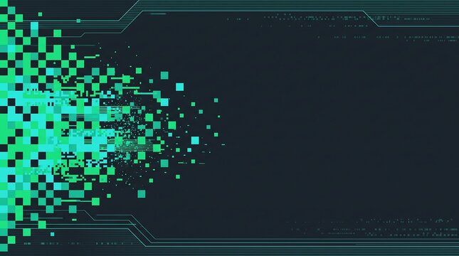 Abstract digital background, with green pixelated, squares dissolving into, particles and thin, glowing lines on, a dark grey, background, tech concept