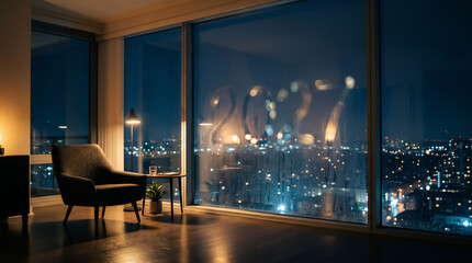 Fototapeta premium Cozy interior with a city view and new year 2027 written on the window at night
