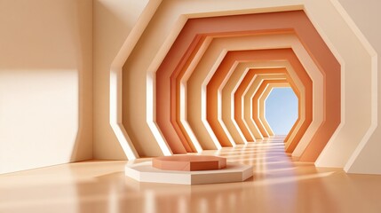 Fototapeta premium Hexagonal tunnel with layered orange and beige geometric shapes leading to blue sky, featuring central podium for product display