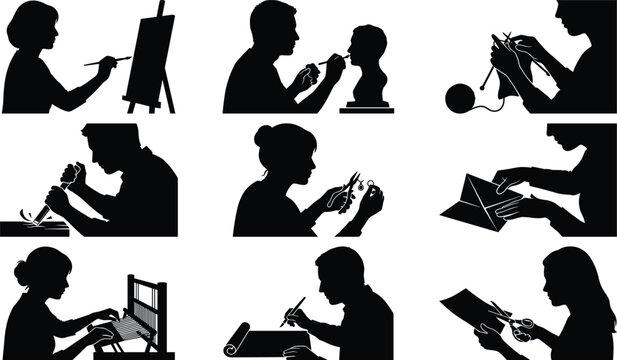 Creative Art Handcraft Hobbies and Artisan Craftsmanship Activities Vector Silhouette Set