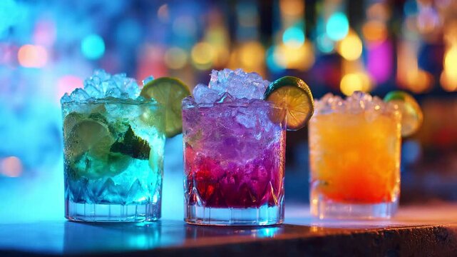 Three glasses of vibrant cocktails with swirls of smoke against a blurred background of neon lights. Night bar, mixology, and party concept