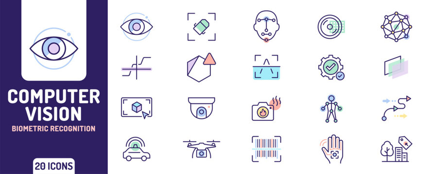 Computer Vision Icon Set with Face Recognition, Autonomous Car, Drone Camera, and Biometrics