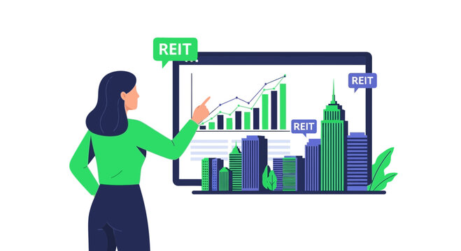 Businesswoman Analyzing Real Estate Investment Trust (REIT) Performance with Data Charts and Urban Skyline Graphics