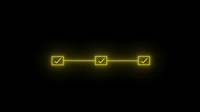 Glowing Neon bright blue light 3 step infographic process with check mark tick animation. square shape step by step business success guide progress concept with check mark motion 4k  black background,
