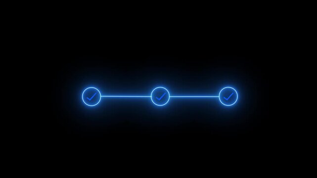 neon 3 step infographic process with check mark icon. infographic step by step process icon animation on black background, Neon bright step-by-step process and check marks.  