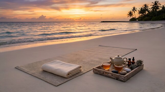 Relaxing spa tea set with towel on a tropical beach during a beautiful orange sunset by the ocean water. beachside relaxation packages