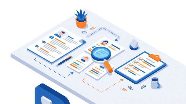 Recruitment process analysis with magnifying glass blue desk workspace.