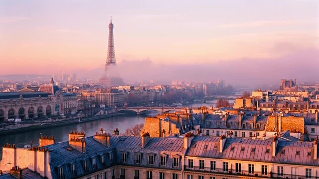 A beautiful panoramic view of Paris at sunset, with the Eiffel Tower standing tall amidst the cityscape and a serene river flowing through it. The sky is painted in soft hues of pink and orange.