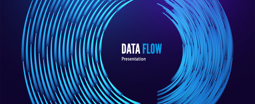 Vibrant curves swirl in concentric motion. Warm and colorful gradients. Dots smoothly transition through color tones. Movement conveys energy. Big data. Particle flow. Vector for cover, presentation.
