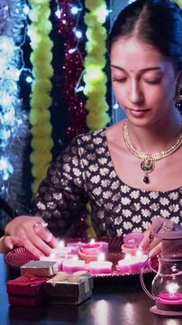 Young indian woman lighting diyas for diwali festival