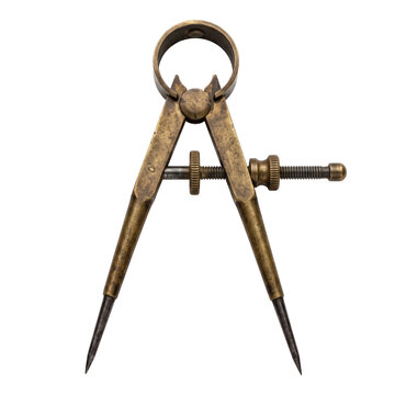 Compass dividers tool made of weathered antique brass metal isolated on transparent background
