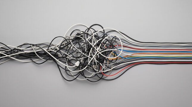 Cables are organized from tangled knot into straight parallel lines on plain gray surface