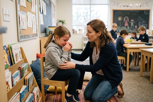 A teacher talks to a young girl who appears upset in a classroom. Other students are busy at their desks nearby. The setting is bright with