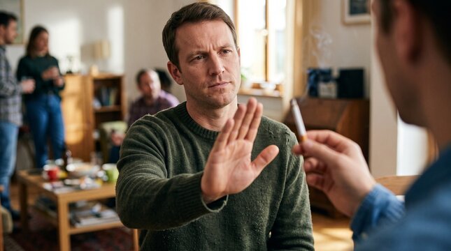 Man making stop hand gesture refusing cigarette or vape offered by friend at home party