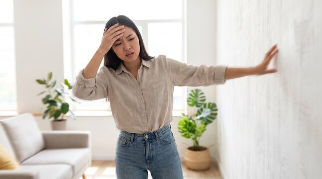 Young woman touching forehead suffering from migraine, dizziness, or low blood pressure in living room