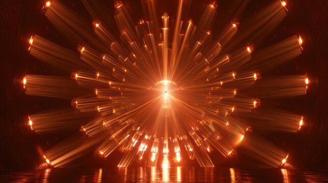 A wide panoramic view of a dark target chamber with 192 laser beams focusing on a small fusion fuel pellet, illustrating a fusion concept.