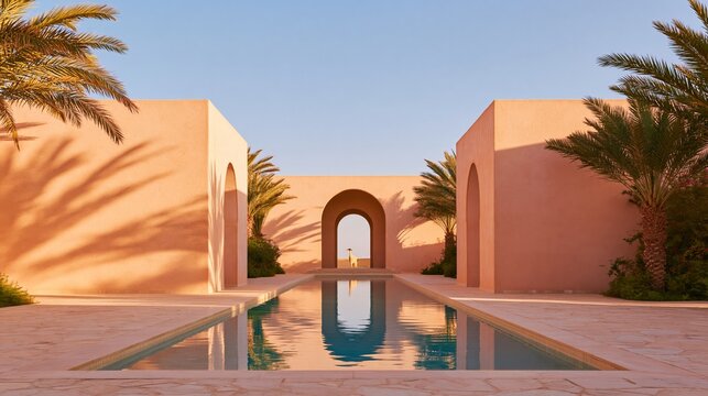 Symmetrical courtyard with reflecting pool, palm trees, salmon colored plaster walls, vaulted gateway, and warm sunlight in a desert resort setting