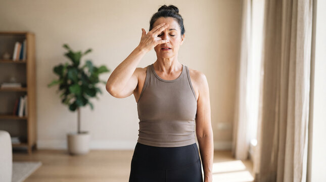 Woman practicing breathing exercise or pranayama with fingers on her face indoors