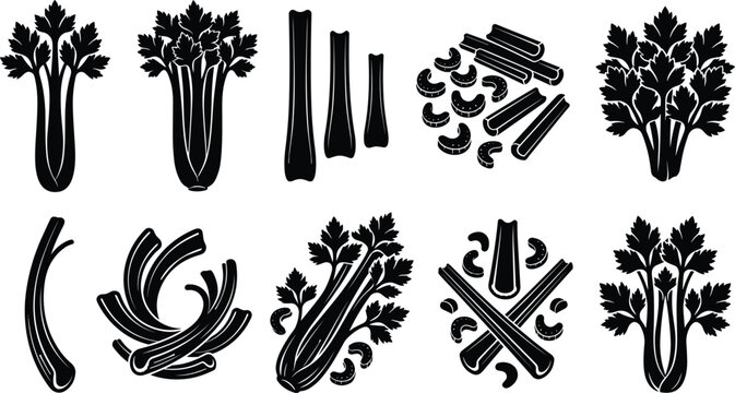 Celery vegetable black silhouette icons set with stalks and leaves for food menu design