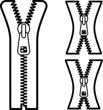 Different styles of black zippers closed and open