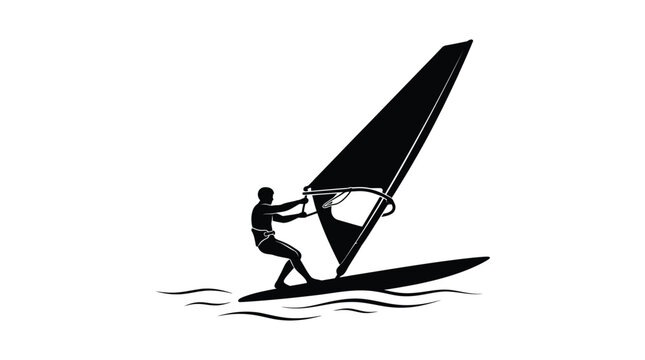 Windsurfer silhouette against a white background depicts watersport activity