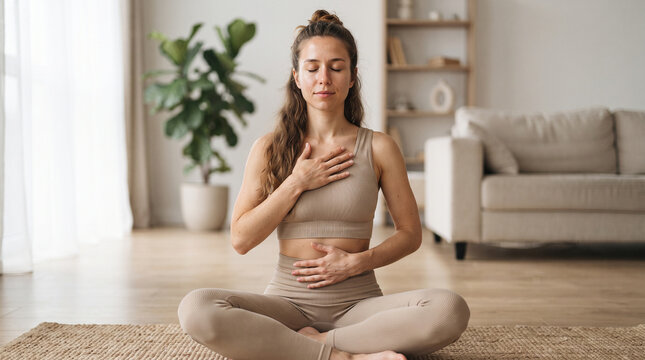 Fit young woman practicing yoga breathing exercises and meditation at home