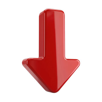 Red 3D arrow pointing down with glossy plastic texture isolated on transparent background