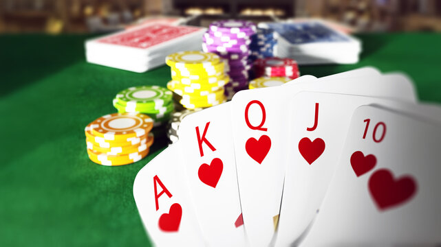 Poker royal flush hand and casino hands standing on poker table. 3D illustration