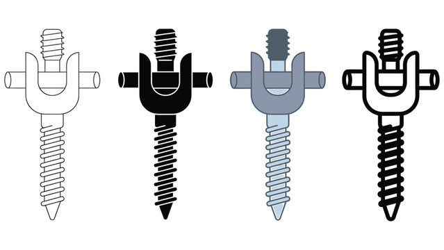 Set of four different style icons of a metal clevis pin with threaded screw shaft on white background