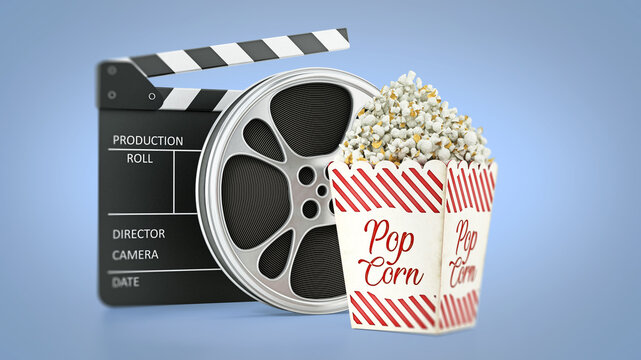 Vintage popcorn, clapboard and film slate isolated on blue. 3D illustration