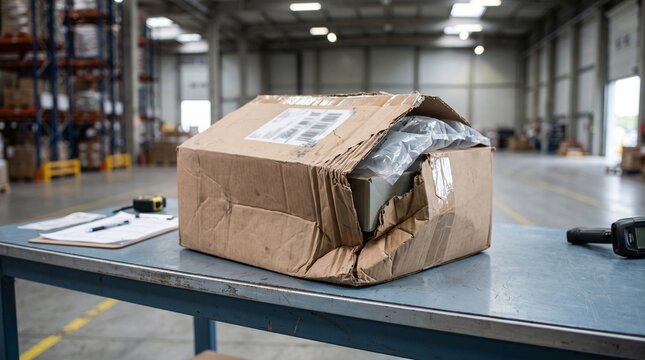Damaged cardboard shipping box with crushed corners and torn packaging on a warehouse inspection table