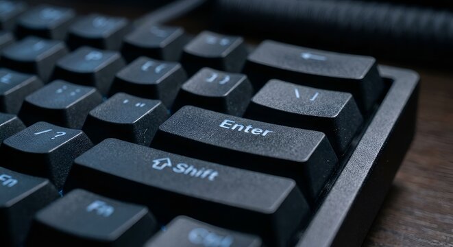 Close up of black mechanical keyboard with enter and shift keys highlighted