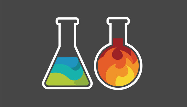 Distinct chemistry flasks, one containing swirling green and blue liquids and the other filled with orange flames, representing chemical reactions and energy.