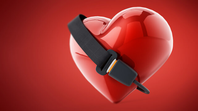 Seatbelt around the red heart. 3D illustration