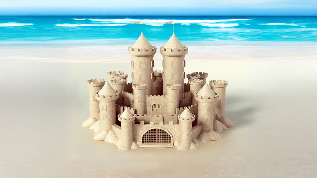 Elaborate sandcastle standing the seashore. 3D illustration