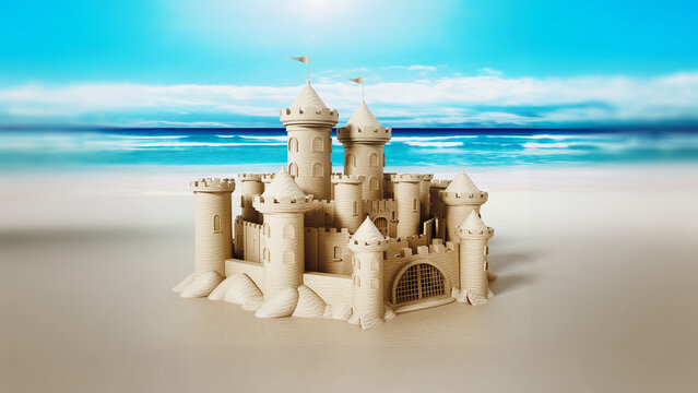 Elaborate sand castle standing on beach sand. 3D illustration