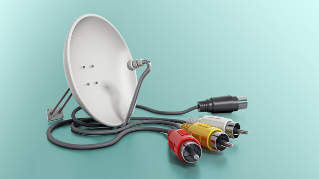 Satellite dish and S-video cables isolated on white background. 3D illustration