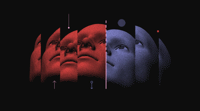 Man's face looking up. Abstract digital human head. Reflection and splitting. Color accent. Vector illustration for brochure, poster, cover, card, presentation, flyer or banner.