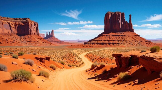 Red rock desert landscape in Texas with massive sandstone buttes. Winding dirt road leads through arid wilderness under blue sky. Scenic view of dry canyon terrain with sparse desert shrubs, natural