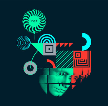 The face is made up of fragments. A concept in psychology. Time to think. Abstract digital human head. Concept of generating thoughts and ideas. Art composition. Artificial intelligence. 3d vector.